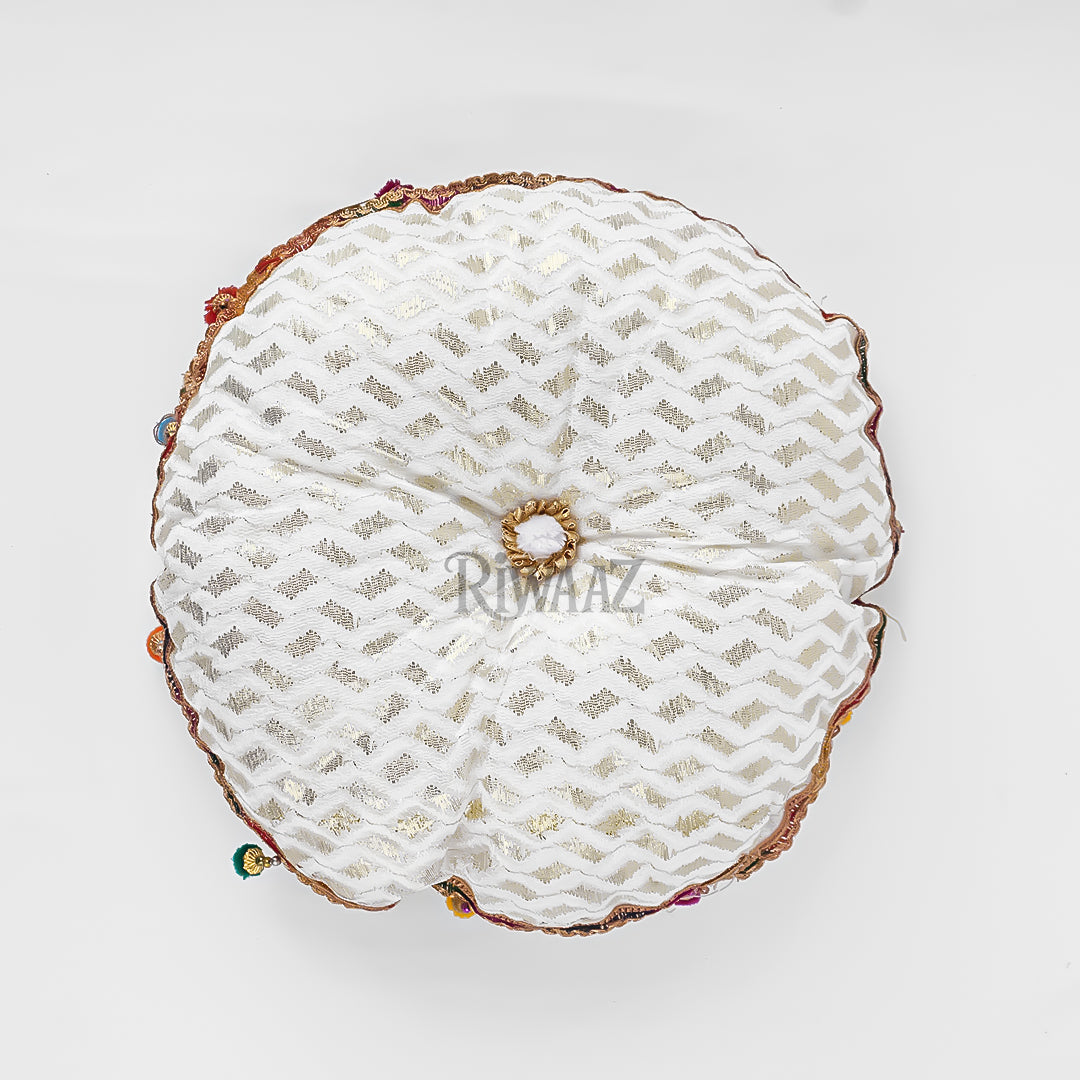 Round Jamawar Fabric Pillow, Cusion Perfect For Traditional Wedding Decor Including Mehndi, Nikkah, Maiyun, Vivah, and Cultural Celebrate
