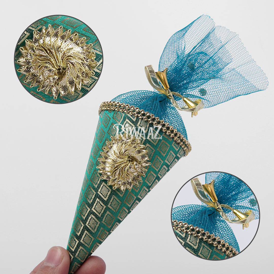 Cone Shape Nikkah Pouches – Pack of 10 | 5-Inch Vibrant Fabric Gift Bags for Nikkah, Mehndi & Wedding Favors