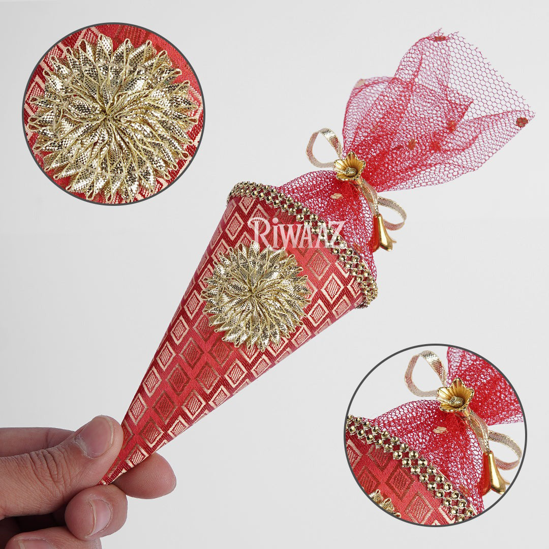 Cone Shape Nikkah Pouches – Pack of 10 | 5-Inch Vibrant Fabric Gift Bags for Nikkah, Mehndi & Wedding Favors