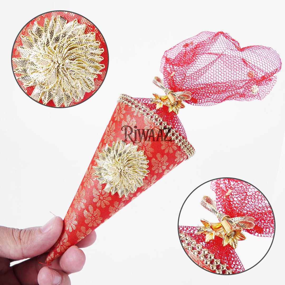 Cone Shape Nikkah Pouches – Pack of 10 | 5-Inch Vibrant Fabric Gift Bags for Nikkah, Mehndi & Wedding Favors