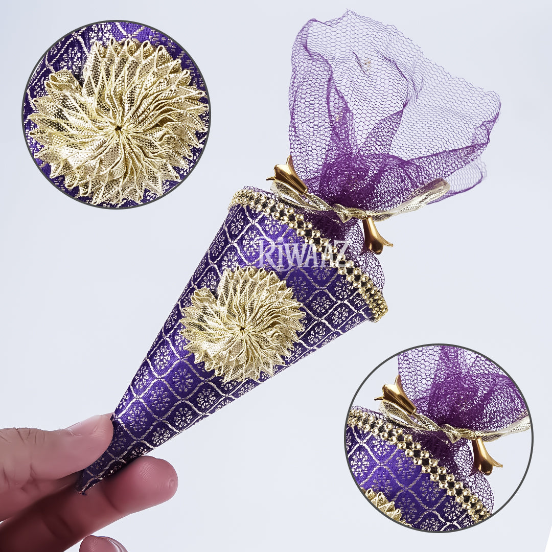 Cone Shape Nikkah Pouches – Pack of 10 | 5-Inch Vibrant Fabric Gift Bags for Nikkah, Mehndi & Wedding Favors