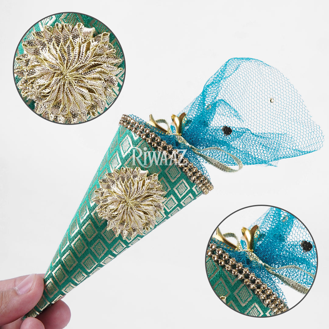 Cone Shape Nikkah Pouches – Pack of 10 | 5-Inch Vibrant Fabric Gift Bags for Nikkah, Mehndi & Wedding Favors