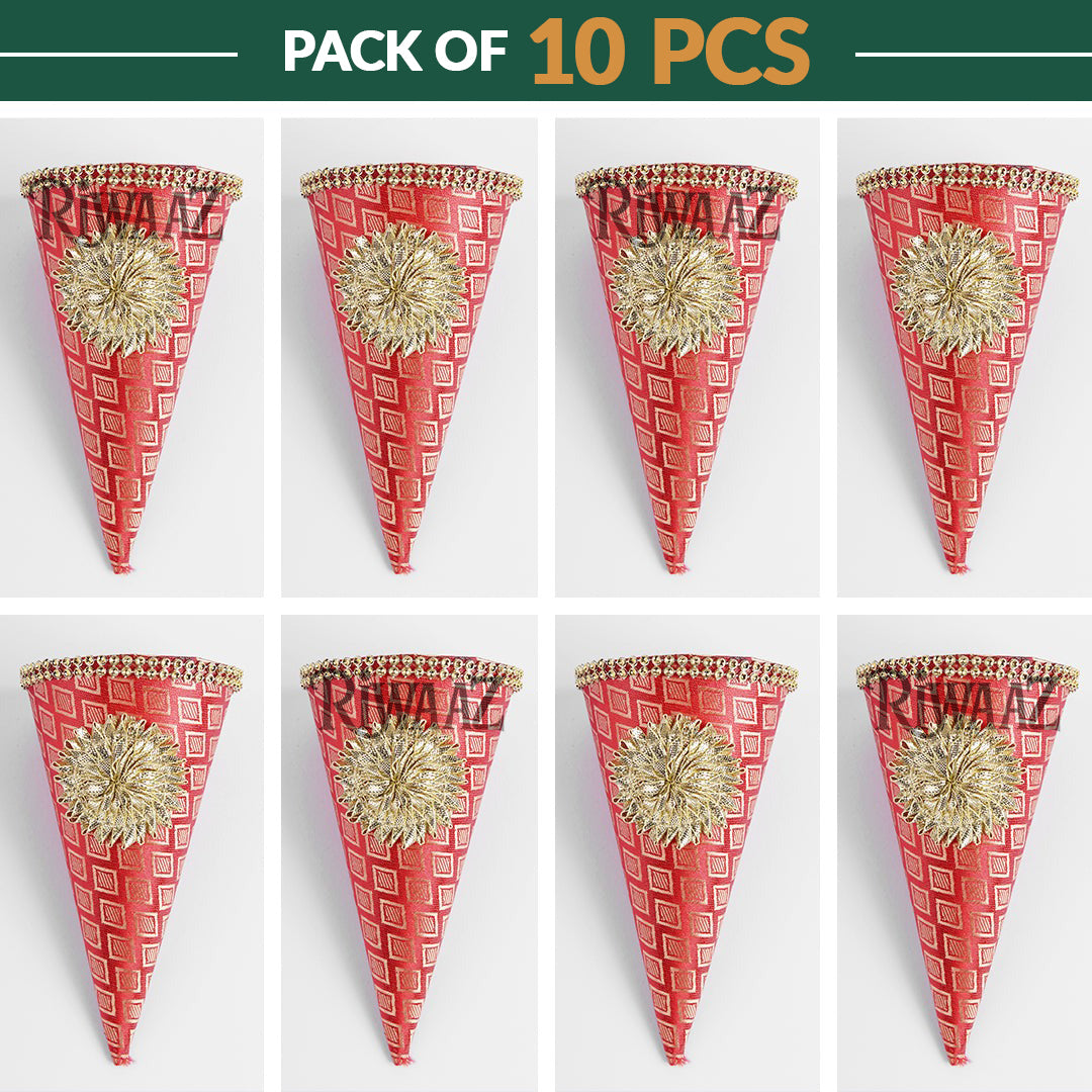 Cone Shape Nikkah Pouches – Pack of 10 | 5-Inch Vibrant Fabric Gift Bags for Nikkah, Mehndi & Wedding Favors
