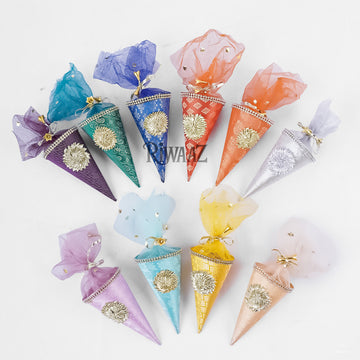 Cone Shape Nikkah Pouches – Pack of 10 | 5-Inch Vibrant Fabric Gift Bags for Nikkah, Mehndi & Wedding Favors