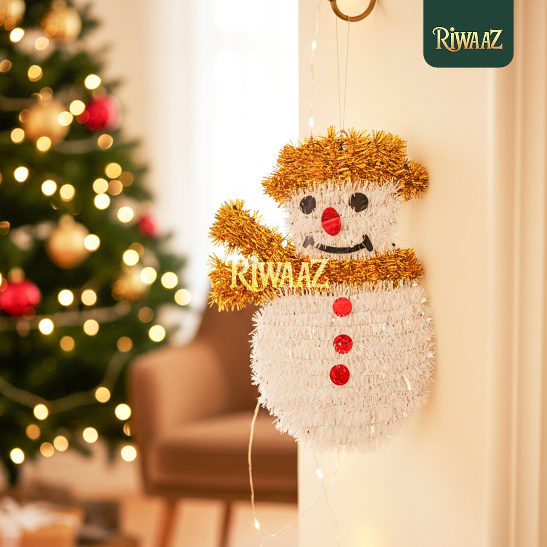 Tinsel Snowman Christmas Decoration – Festive Wall Hanging Holiday Ornament in Red, Gold, or White