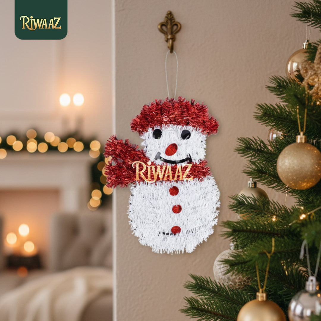 Tinsel Snowman Christmas Decoration – Festive Wall Hanging Holiday Ornament in Red, Gold, or White
