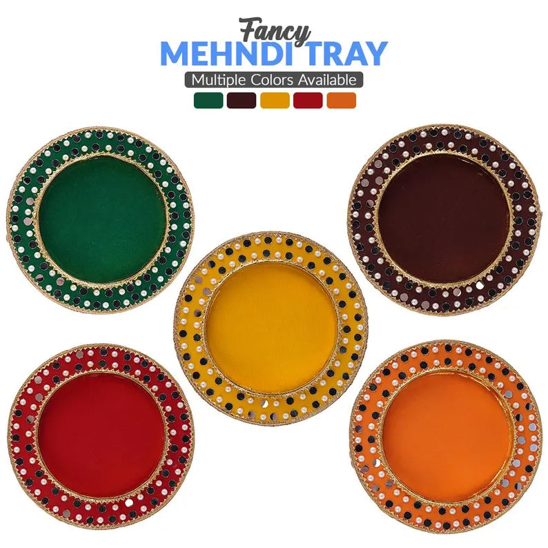 Round Fancy Mehendi Tray – 1pc Velvet & Pearl Decor Tray for Indian Pakistani Wedding, Engagement, Haldi, Roka Presentation