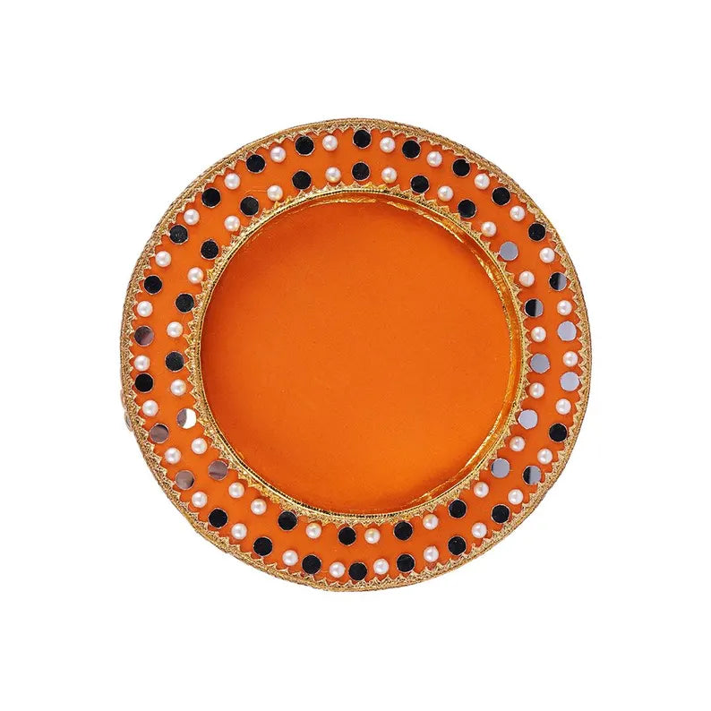 Round Fancy Mehendi Tray – 1pc Velvet & Pearl Decor Tray for Indian Pakistani Wedding, Engagement, Haldi, Roka Presentation