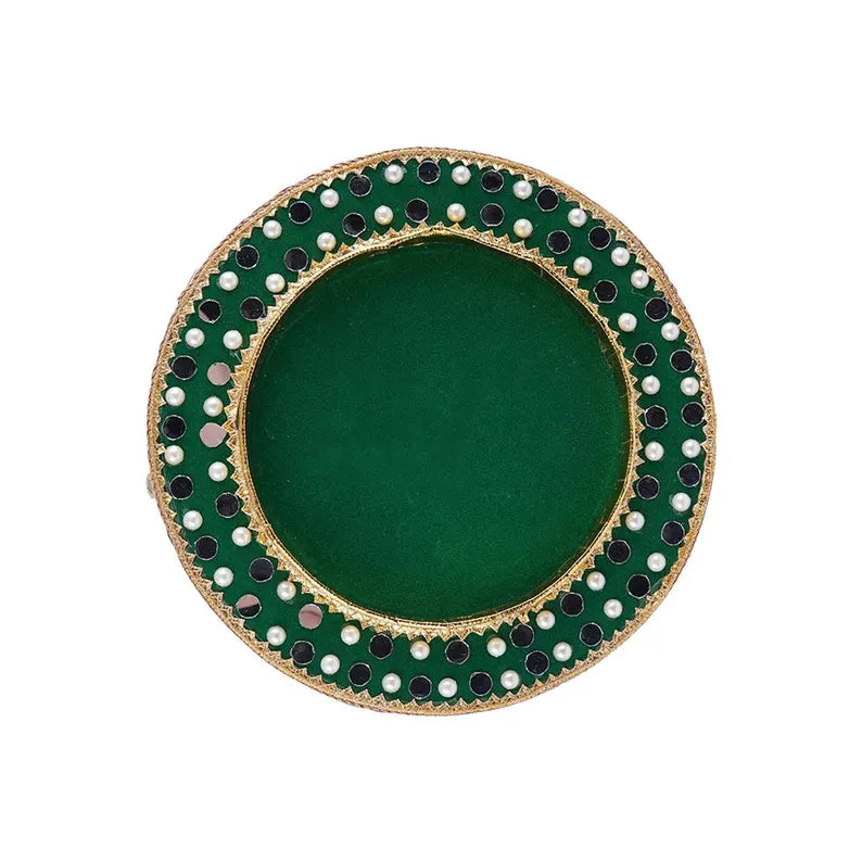 Round Fancy Mehendi Tray – 1pc Velvet & Pearl Decor Tray for Indian Pakistani Wedding, Engagement, Haldi, Roka Presentation