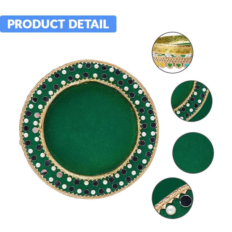 Round Fancy Mehendi Tray – 1pc Velvet & Pearl Decor Tray for Indian Pakistani Wedding, Engagement, Haldi, Roka Presentation