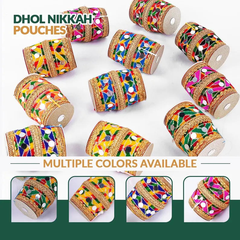 Set of 25 - Dhol-Shaped Nikkah Pouches | Traditional Favor Bags for Mehndi, Mayun & South Asian Weddings