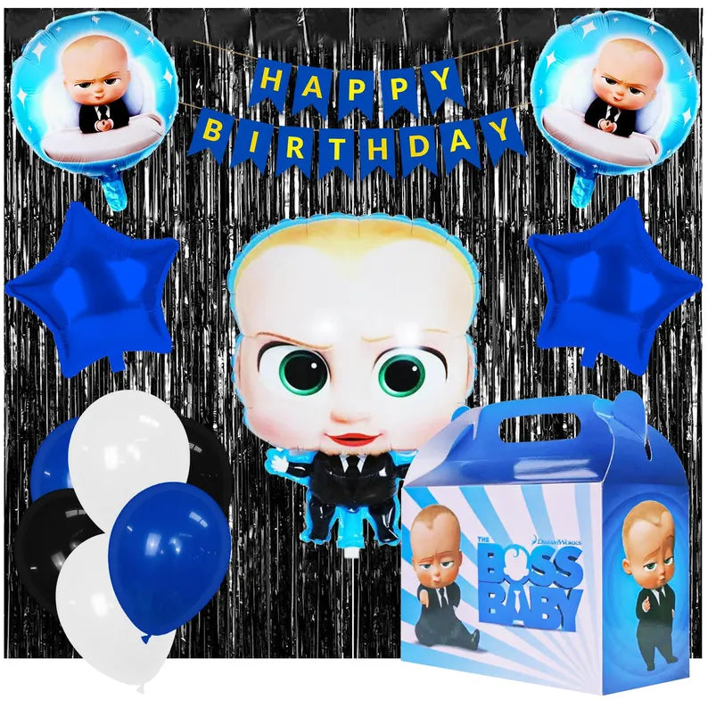 Baby Boss Birthday Decoration Kit – Foil Balloons, Banner, Goodie Boxes & Curtain | Boys Party Supplies