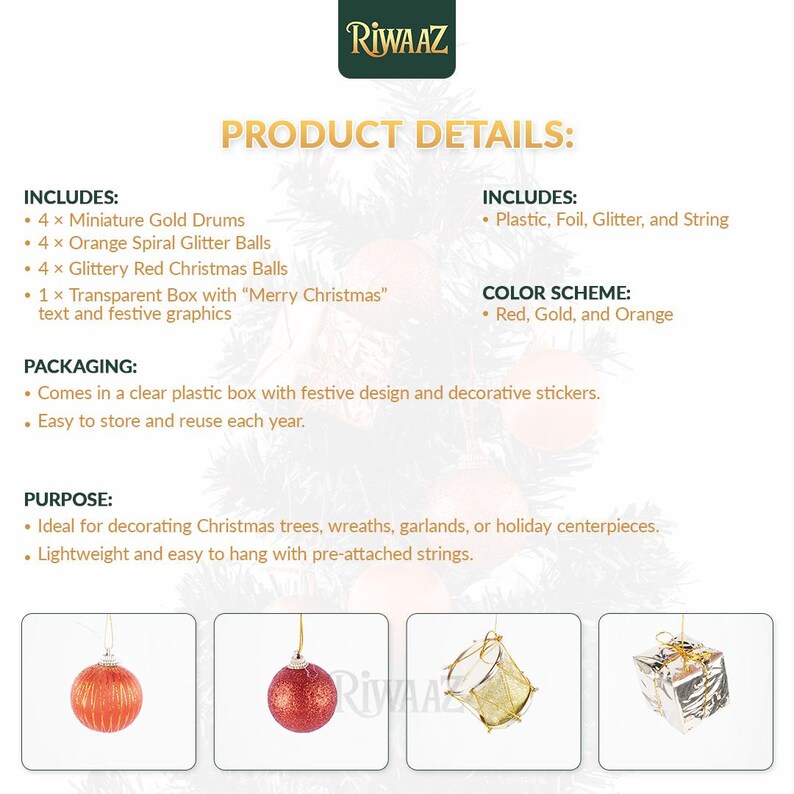 Christmas Tree Ornaments Set – Drums, Gift Boxes, Glitter Balls