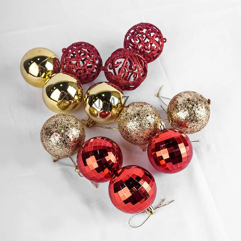 Red and Gold Christmas Ornament Set – Baubles, Pine Cones and Gift Boxes