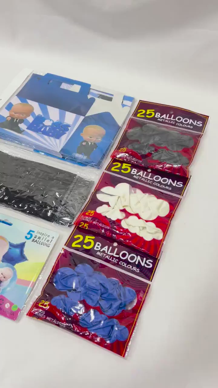 Baby Boss Birthday Decoration Kit – Foil Balloons, Banner, Goodie Boxes & Curtain | Boys Party Supplies